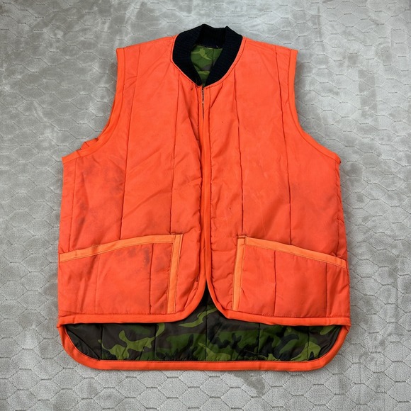 VTG Hunting Vest Reversible Woodland Camo Blaze Orange - Sz L - Simco Zipper - Picture 7 of 14